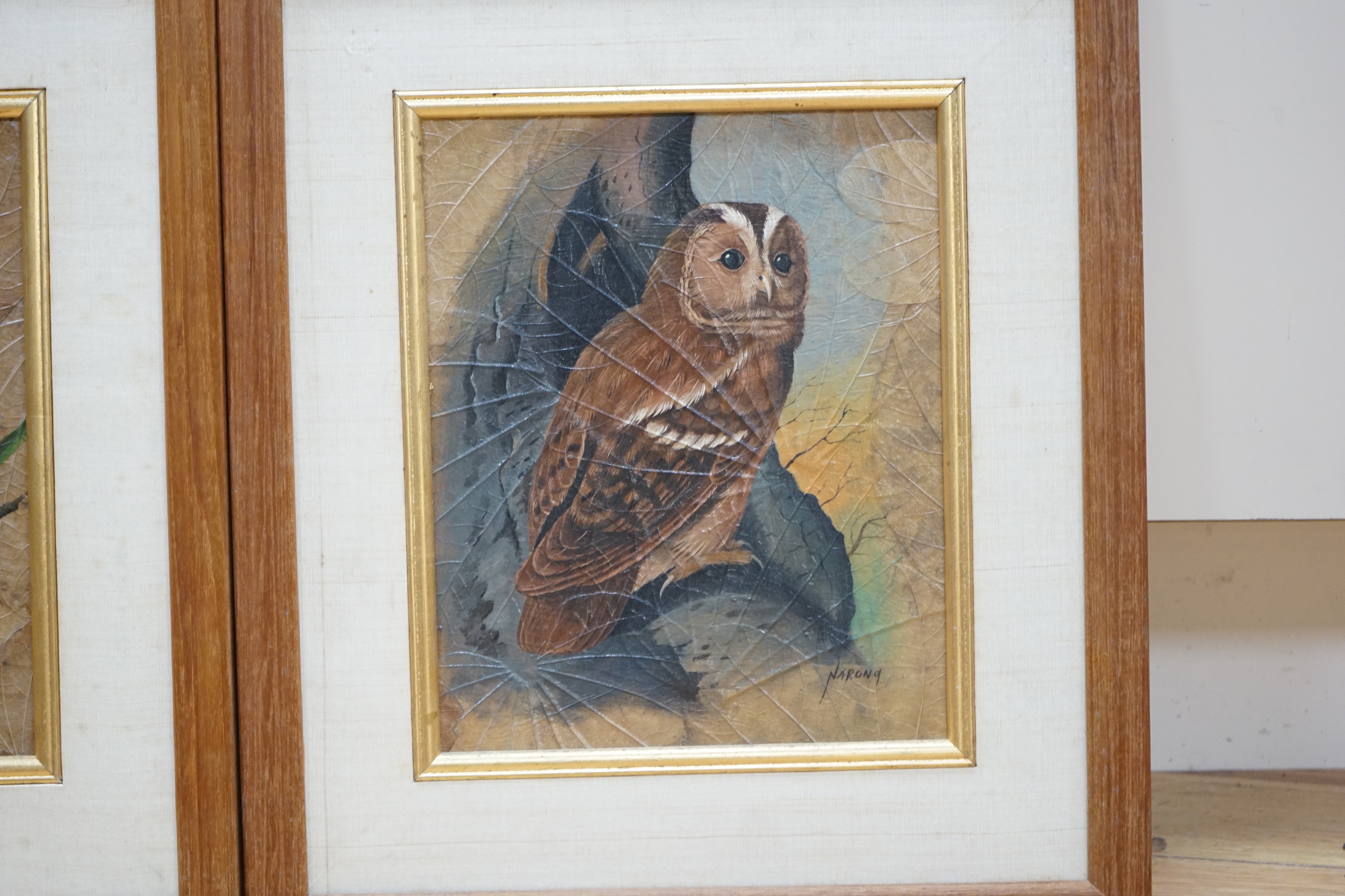 Narong, pair of Thai oil paintings on leaves, Kingfisher and Tawny owl, each signed, 24 x 20cm
